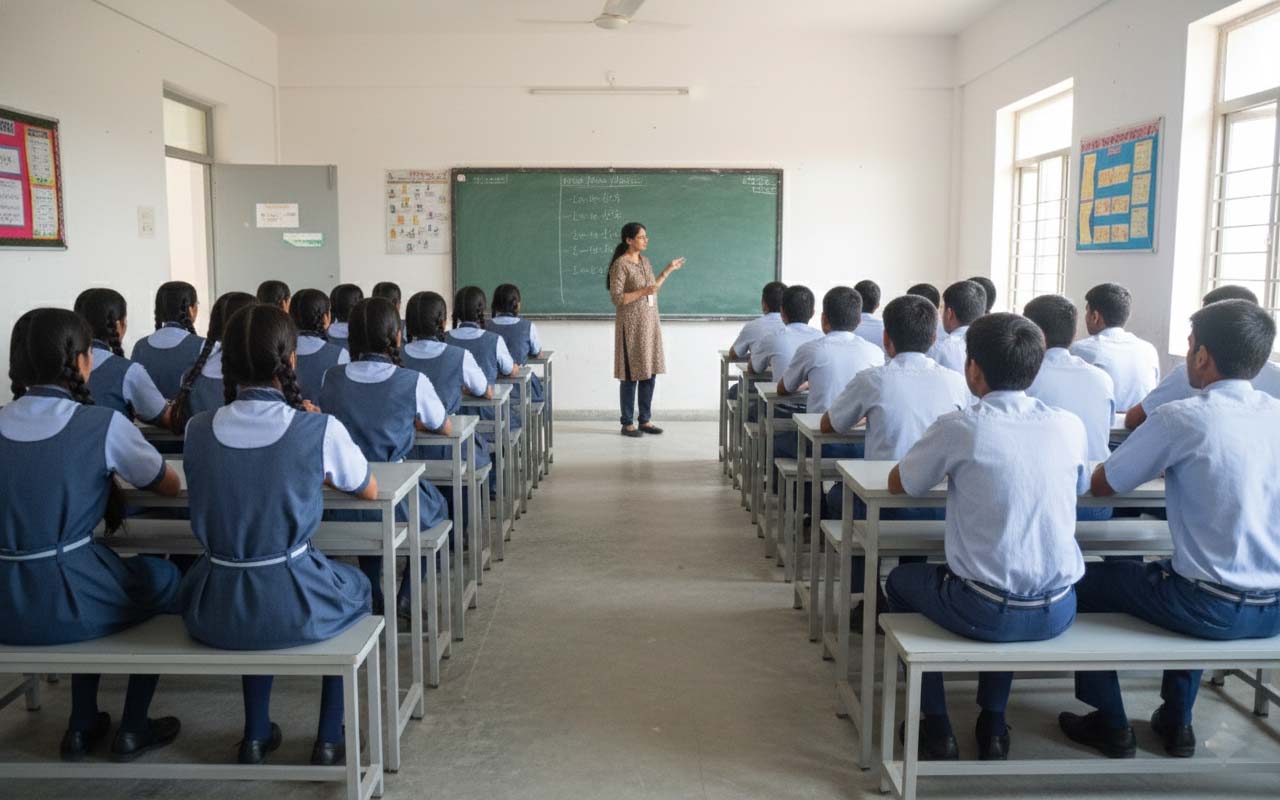 Businesswoman standing near podium and giving presentation to the audience in auditorium