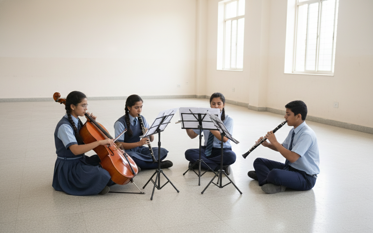 Female Pupil With Teacher Playing Drums In Music Lesson
