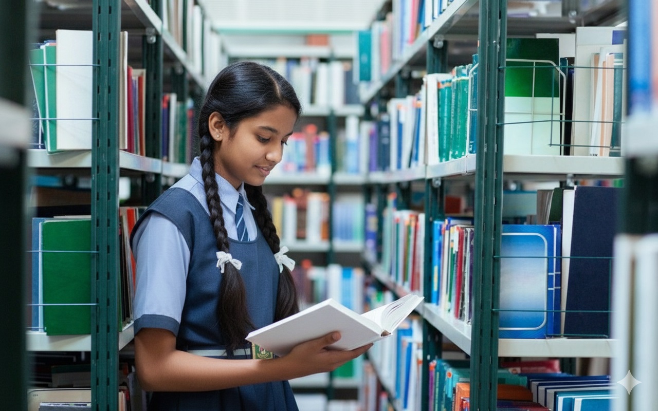 Student searching book in university library