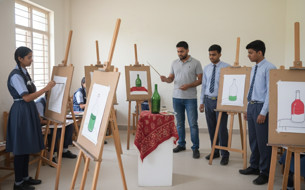 Teacher At Work In Painting Class With Senior Students