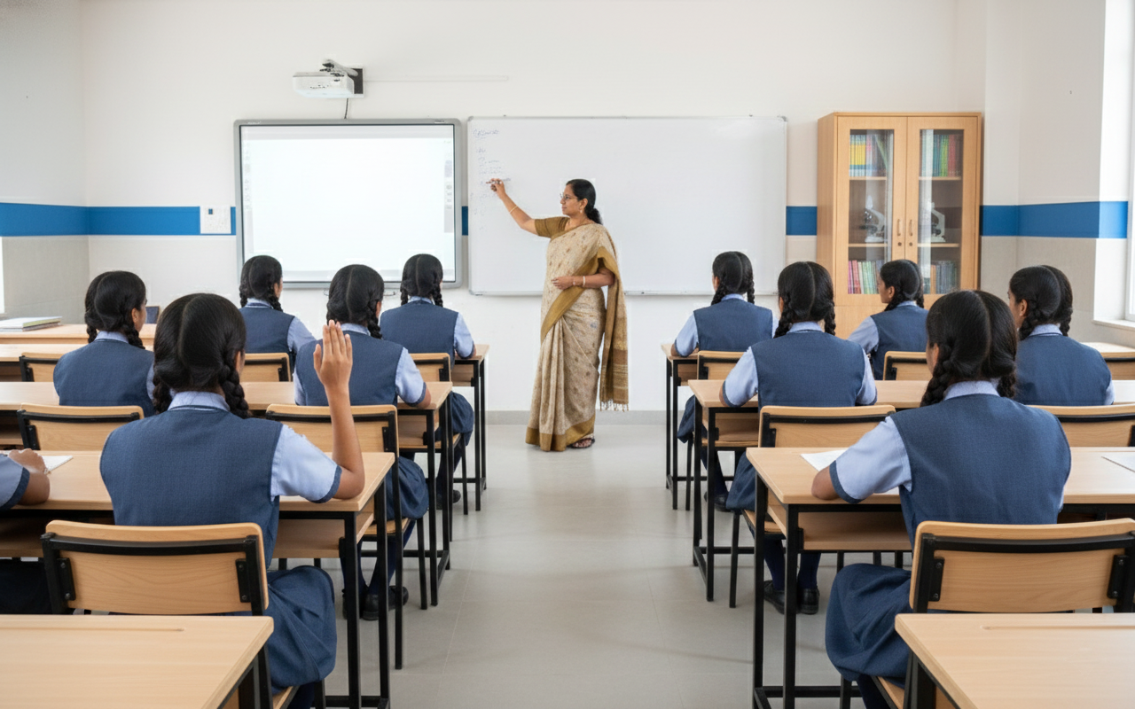 Teacher standing in front of the class room full of teenage students