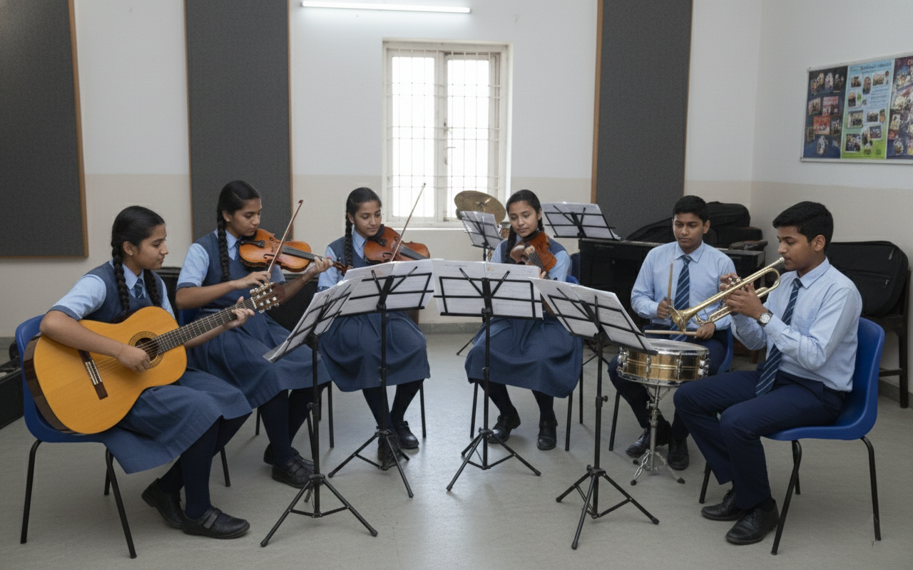 Teenage Students Studying Percussion In Music Class