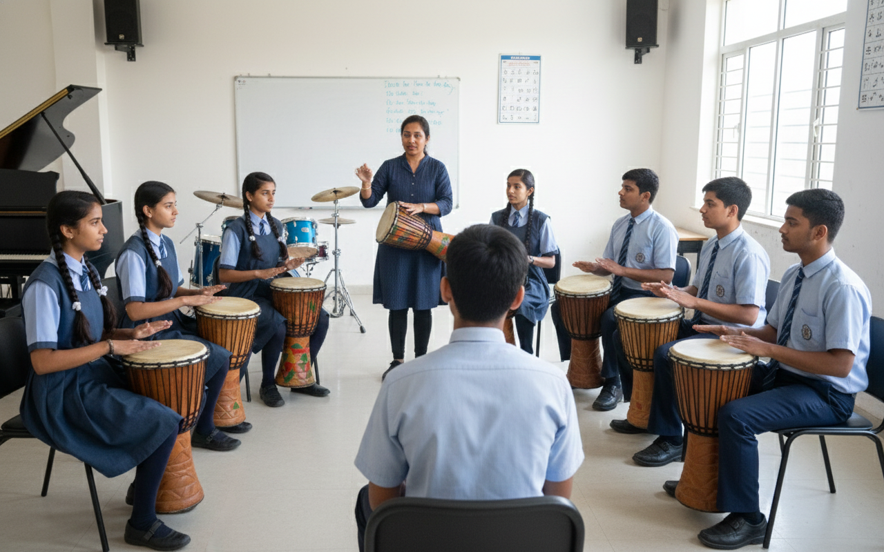 Teenage Students Studying Percussion In Music Class